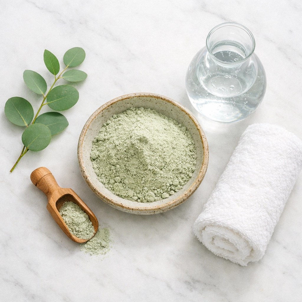 Fine green montmorillonite clay powder in a bowl for natural detox and mineral-rich healing treatments.