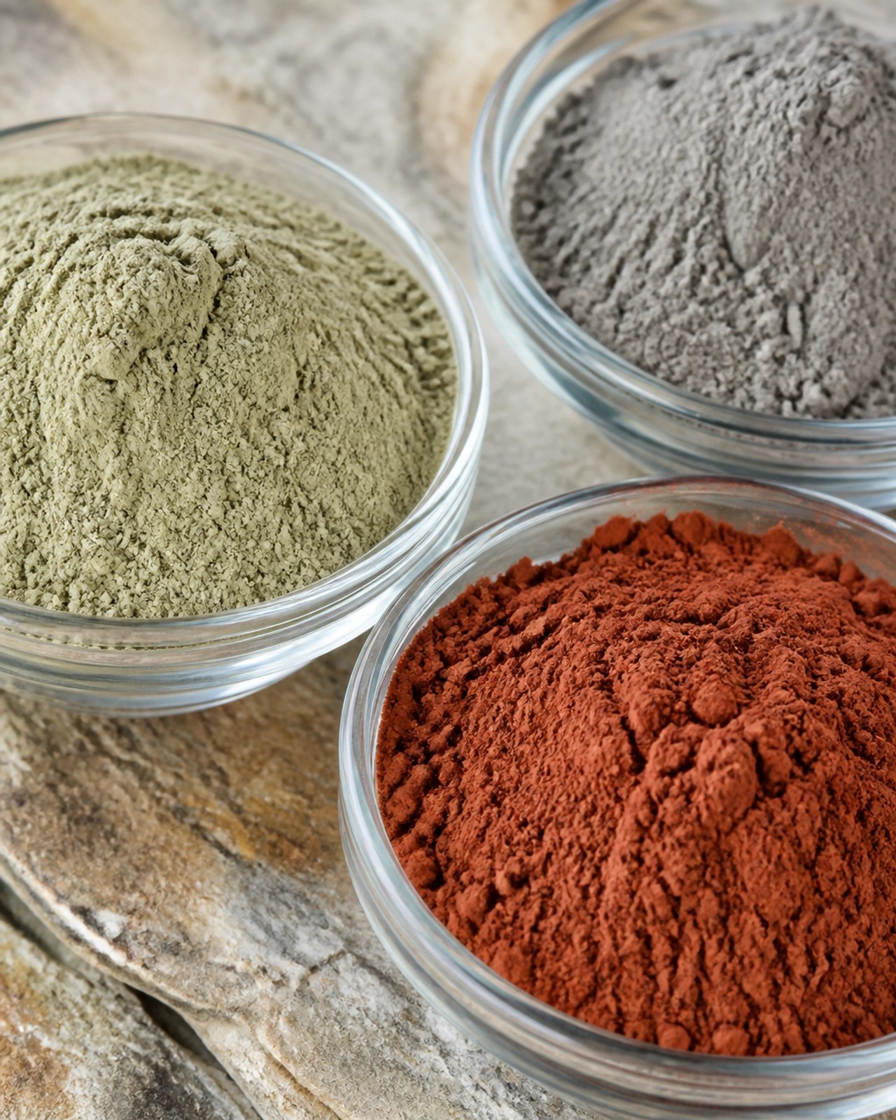 A comparison of different types of mineral clays in glass bowls