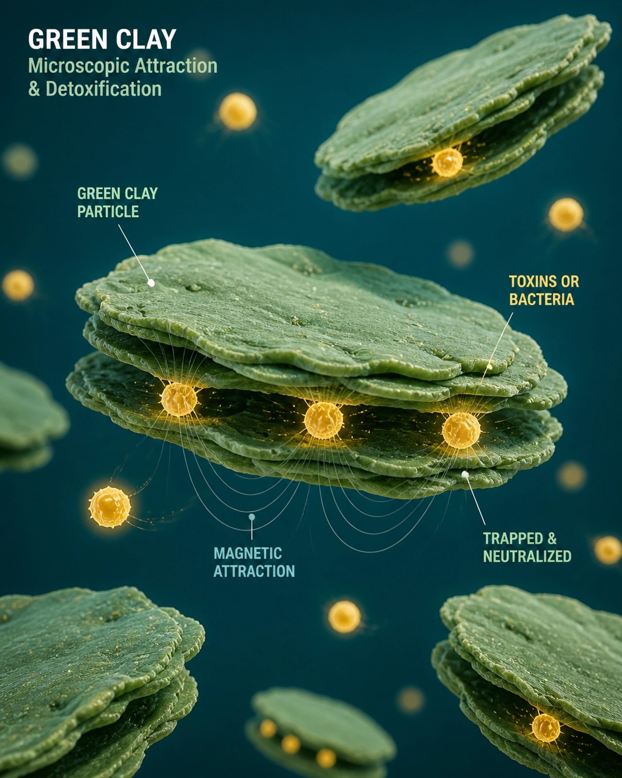 Conceptual illustration of clay particles trapping toxins