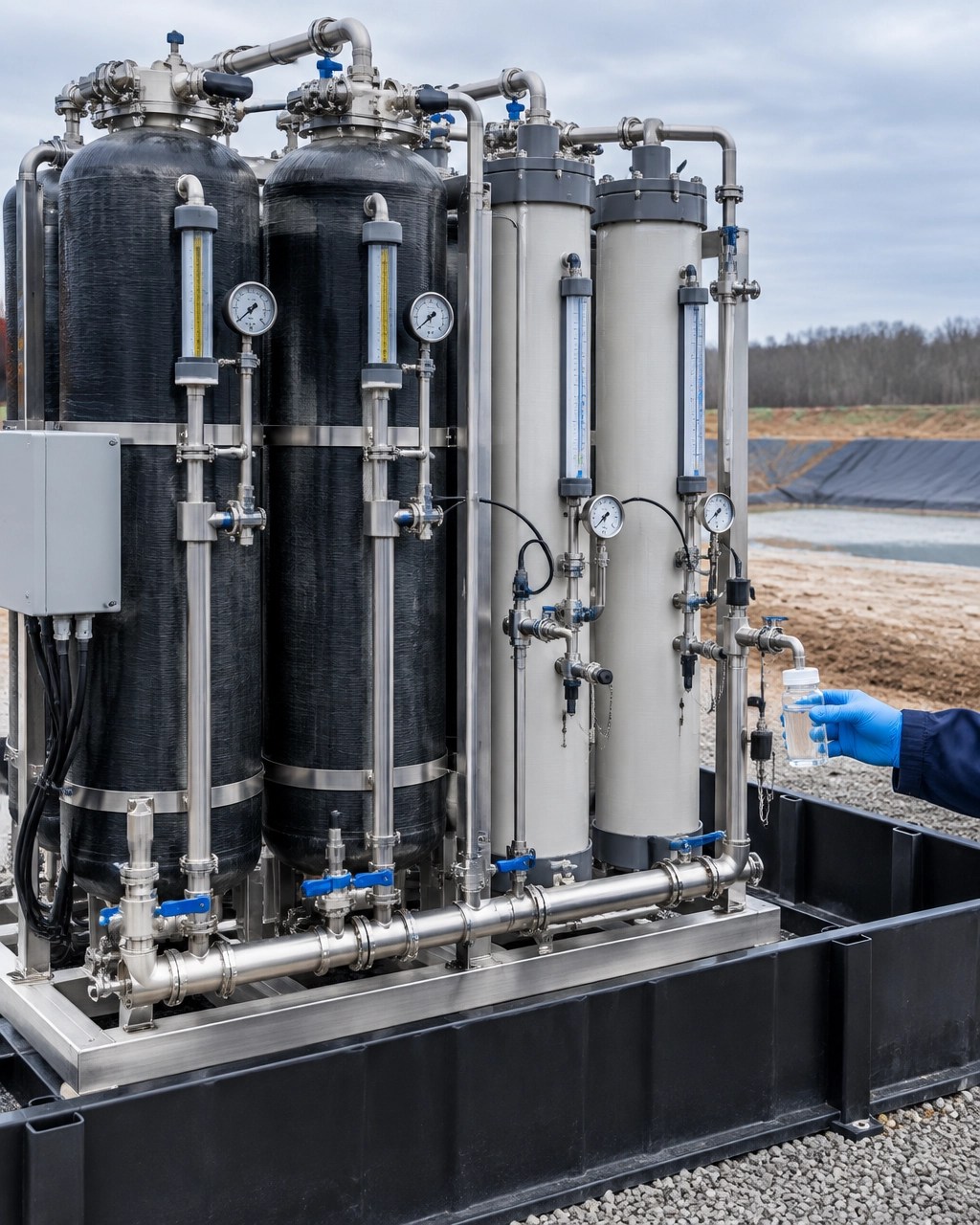 Environmental field technician collecting treated groundwater samples from a remediation treatment skid