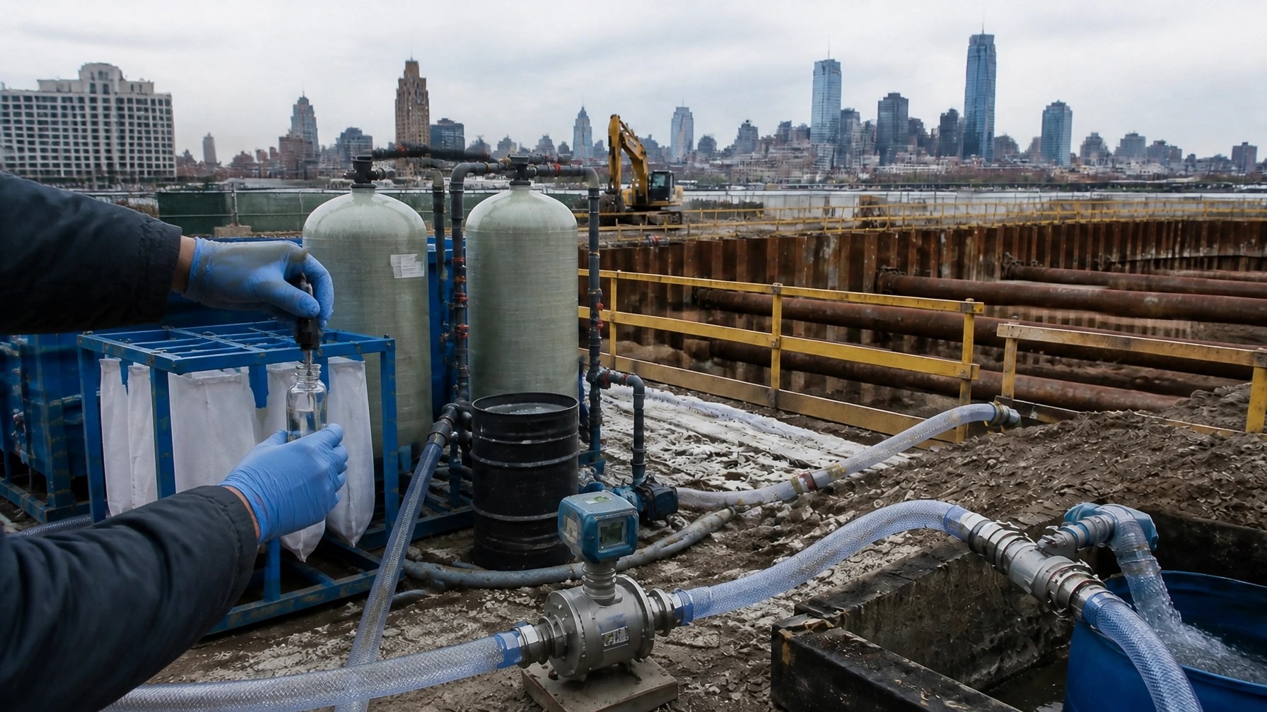Groundwater sampling and treatment train with bag filters and granular activated carbon vessels beside a New Jersey excavation