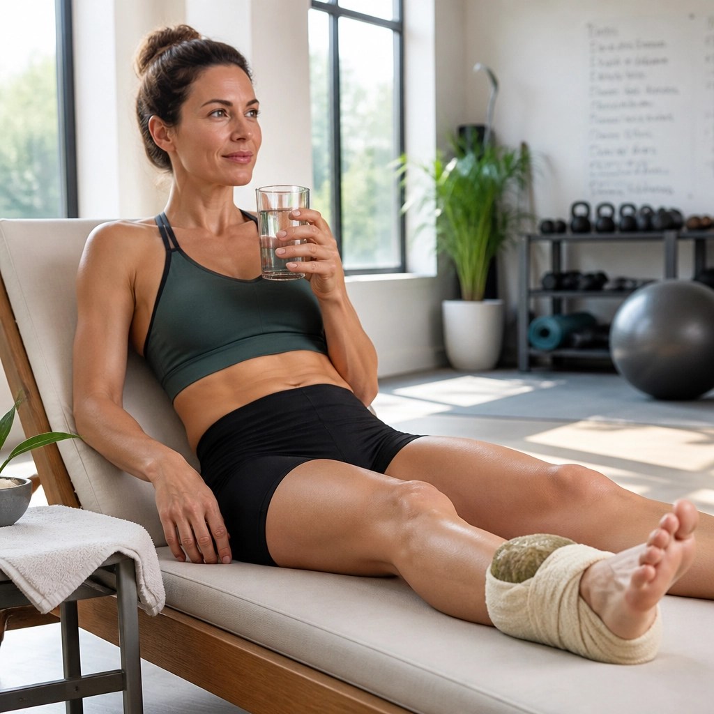 Woman athlete relaxing with a green clay compress on her ankle