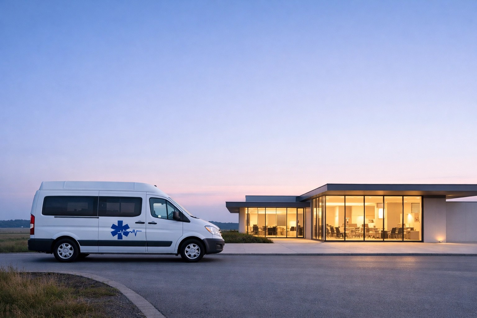 Medical transport van parked at a modern clinic, showcasing safe door-to-door patient delivery.