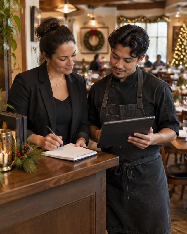 Restaurant staff coordinate holiday event details in a warm dining space