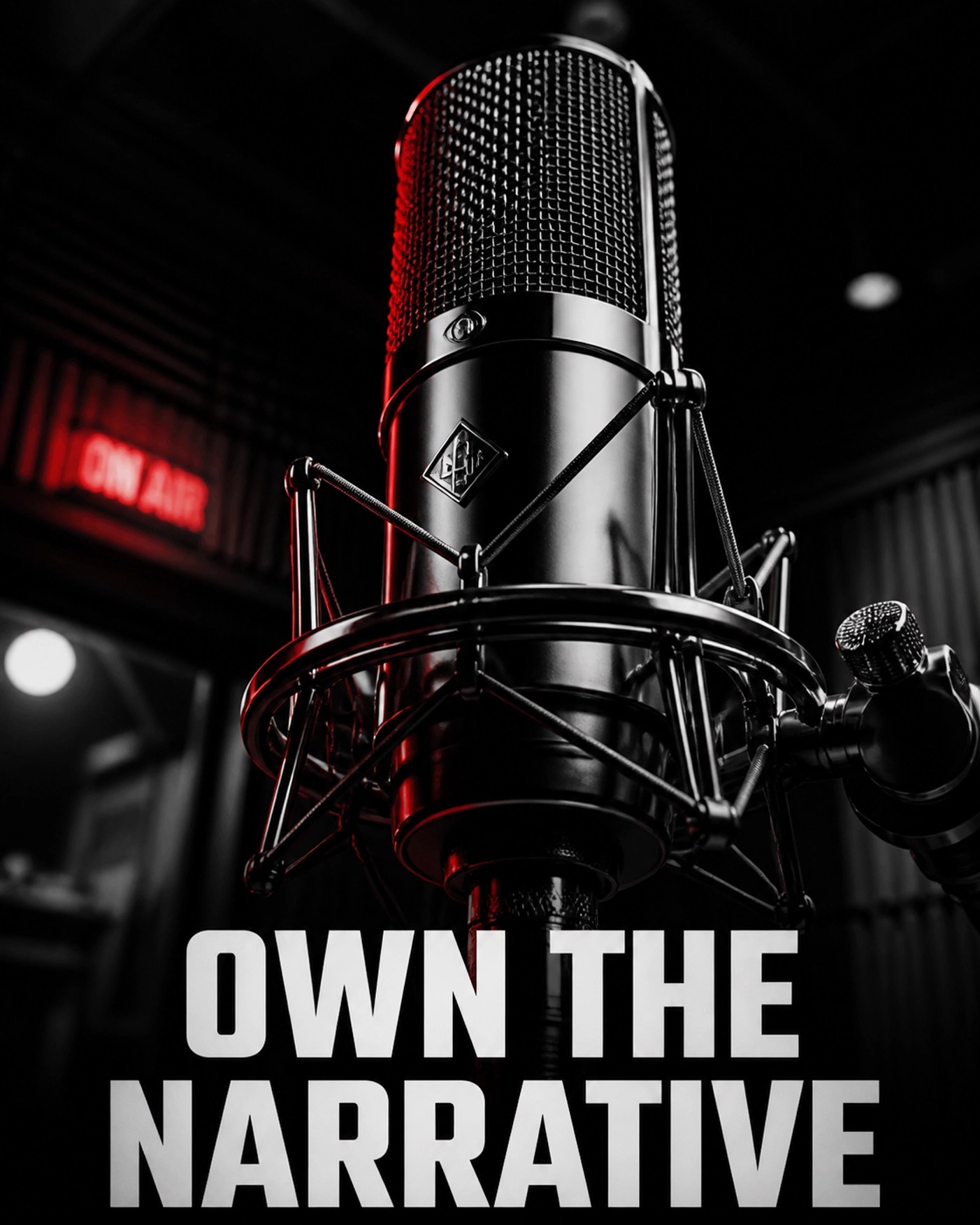 Professional studio microphone with red lighting emphasizing the power to own the narrative in music.