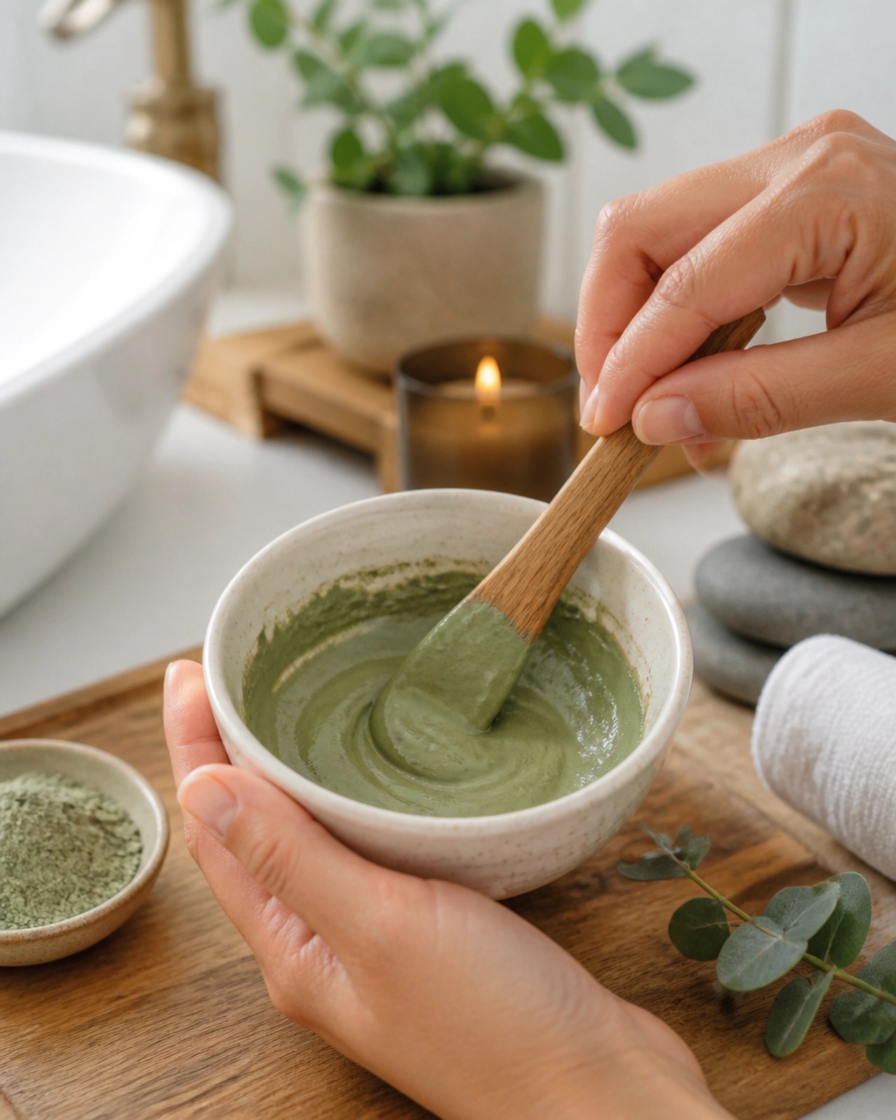 A person's hands mixing green clay powder with water in a small ceramic bowl using a wooden spatula.