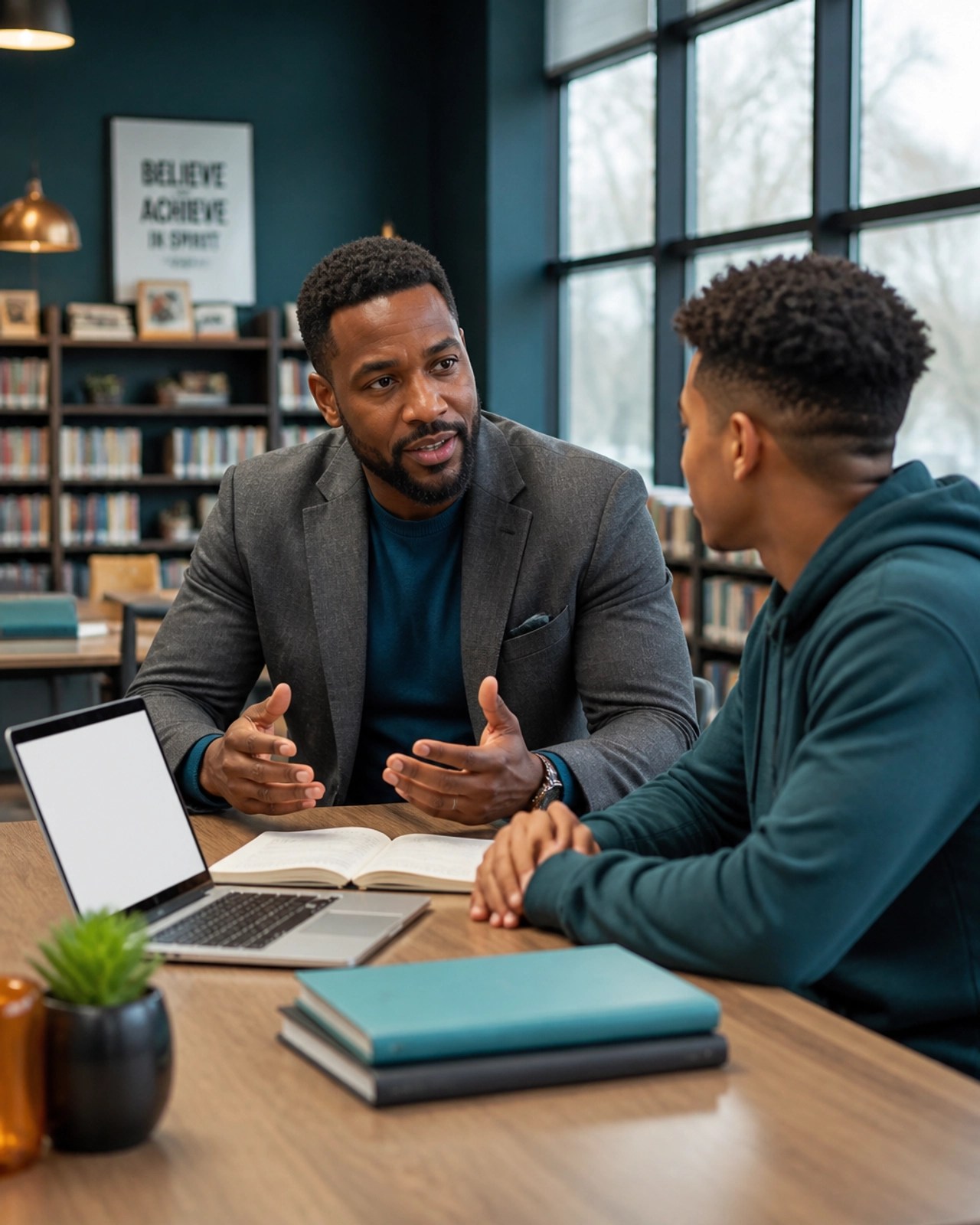 A mentor figure speaking to a student in a library