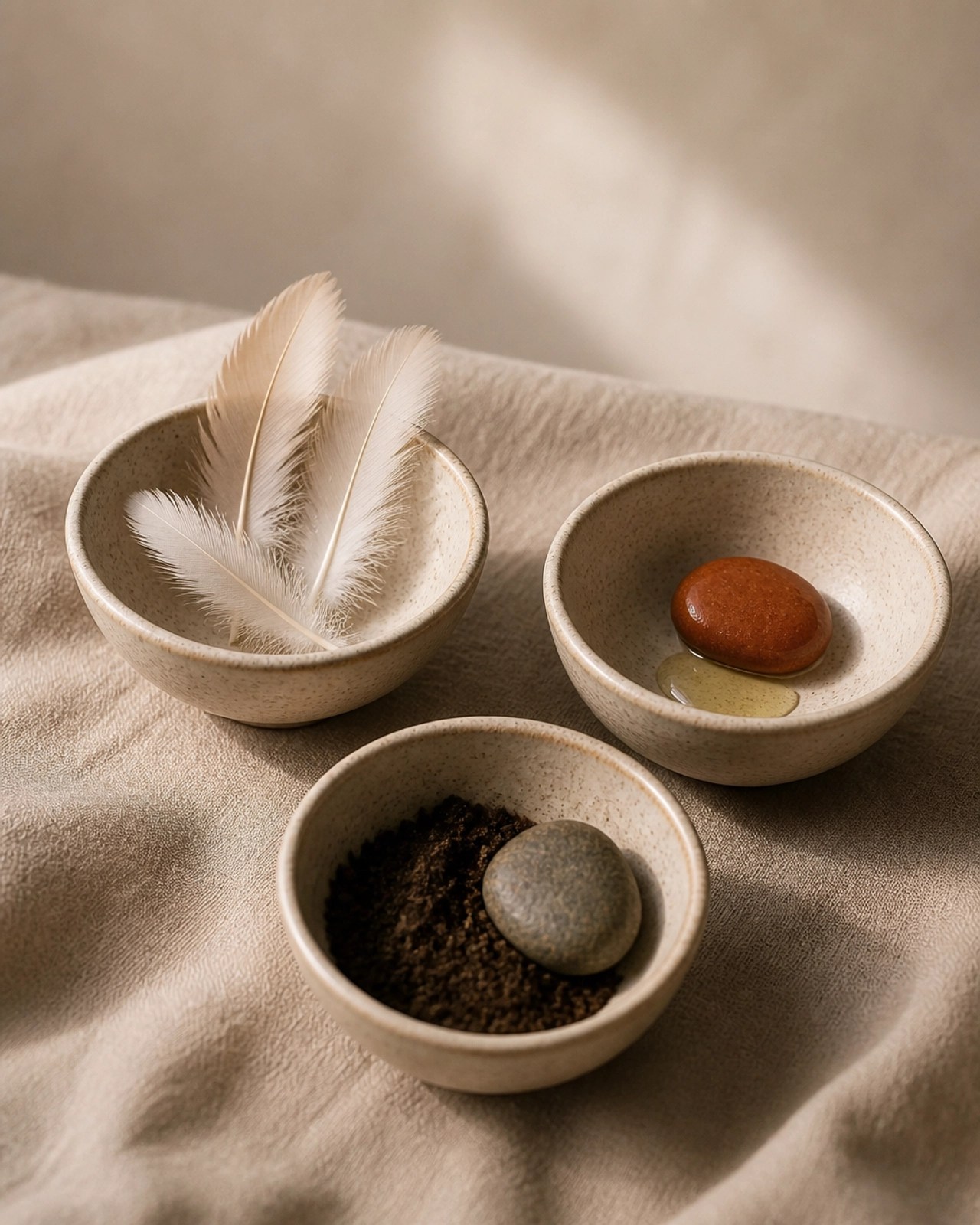 A sophisticated still-life composition representing the three Ayurvedic doshas with symbolic materials like feathers, red stone, and rich soil in ceramic bowls, captured in soft, muted earth tones.