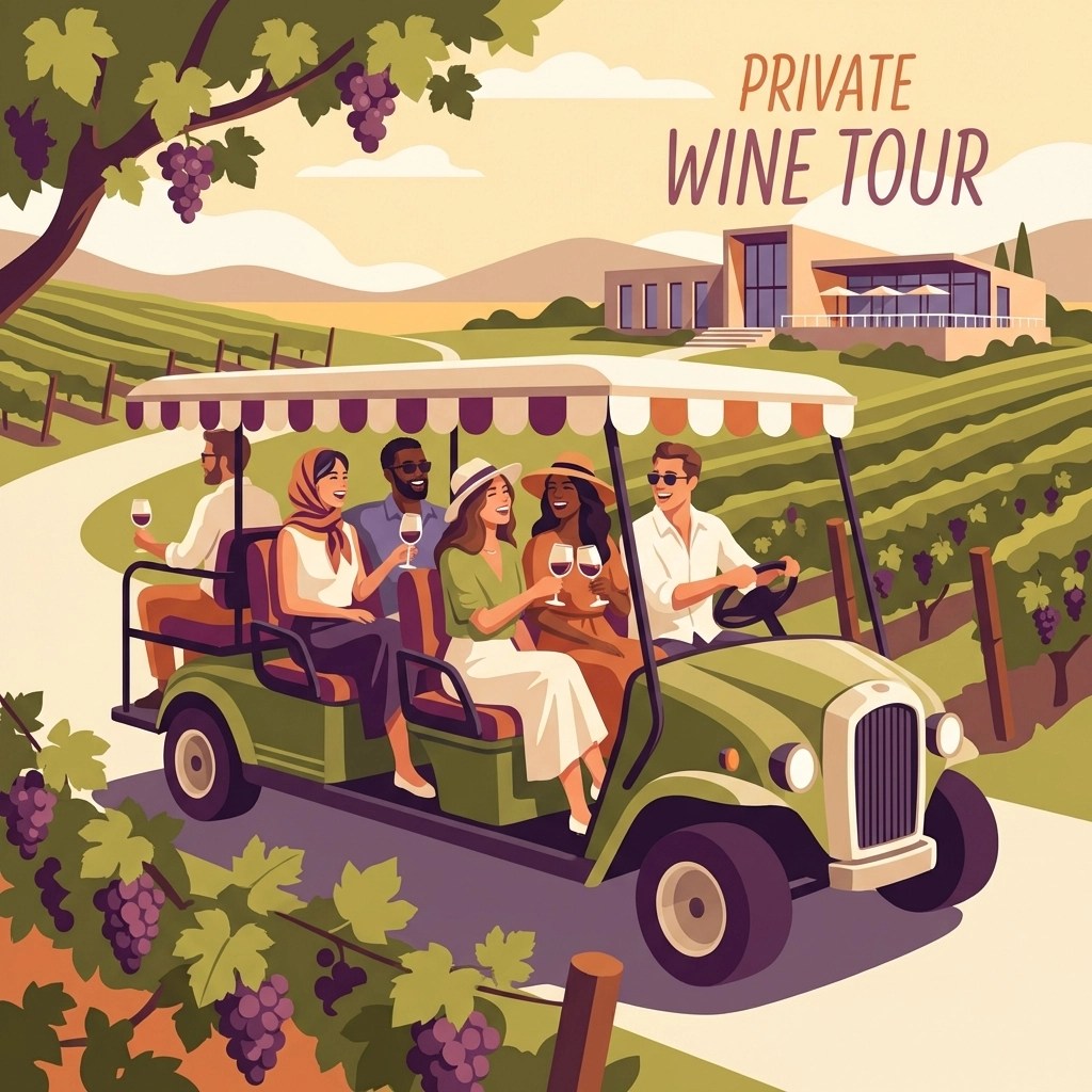 Group of adults enjoying a private wine tour in Virginia, riding through vineyards with wine glasses in hand.