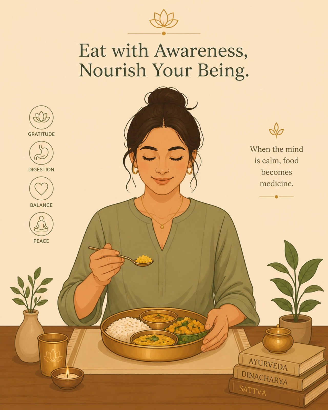 Ilustración de una persona comiendo con consciencia plena y serenidad, reflejando el equilibrio mental necesario para la digestión.