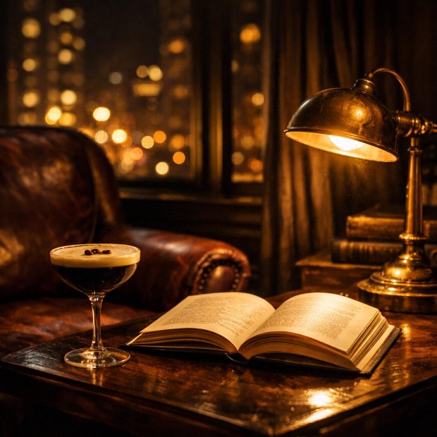 Cozy reading nook with espresso martini cocktail and open book under warm lamp light