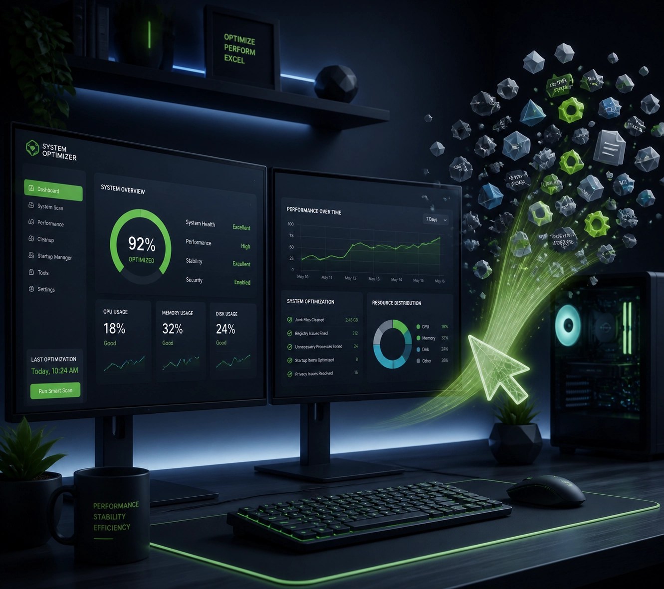 Professional desktop workstation showing remote system optimization to improve video editing performance.