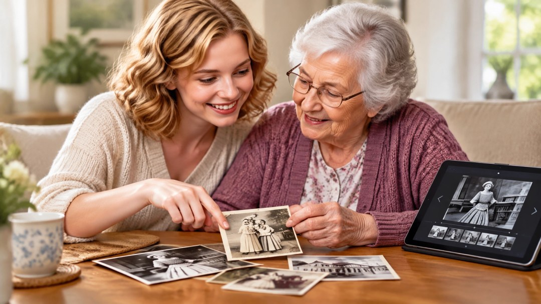 A caregiver and an older adult sharing printed family photographs with a tablet nearby