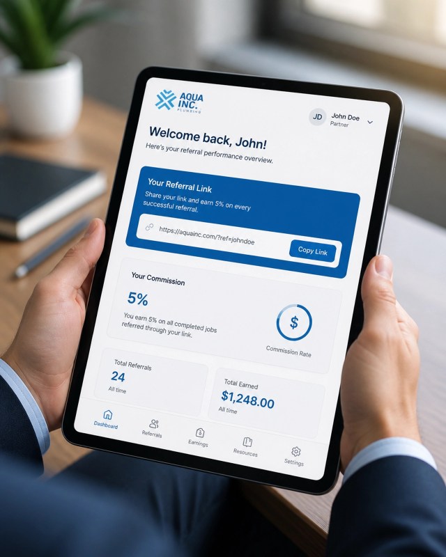 Digital partner dashboard showing a 5% commission rate and a unique referral link