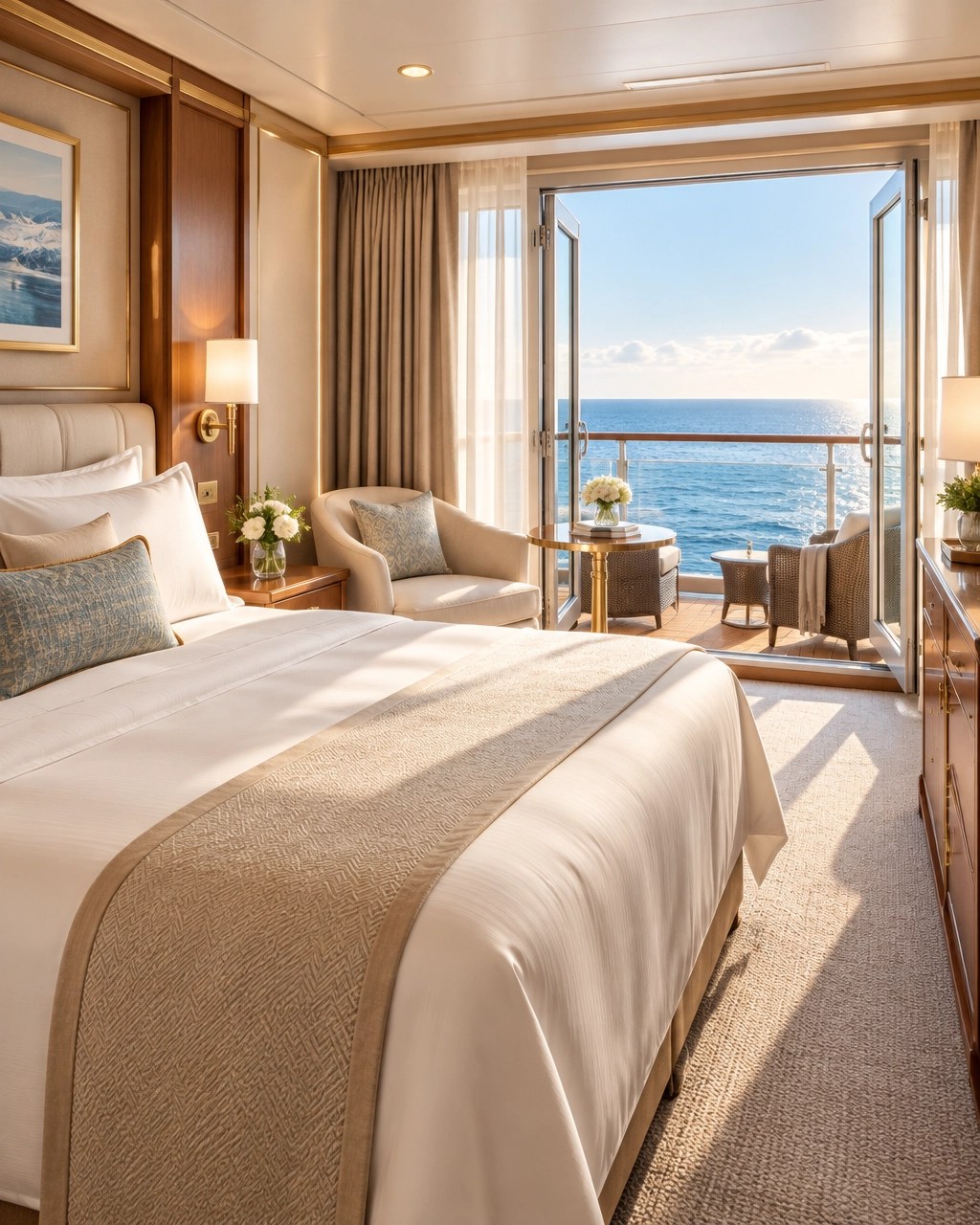 Luxury ocean-view cruise balcony stateroom with cream linens, warm wood, and a calm blue ocean horizon