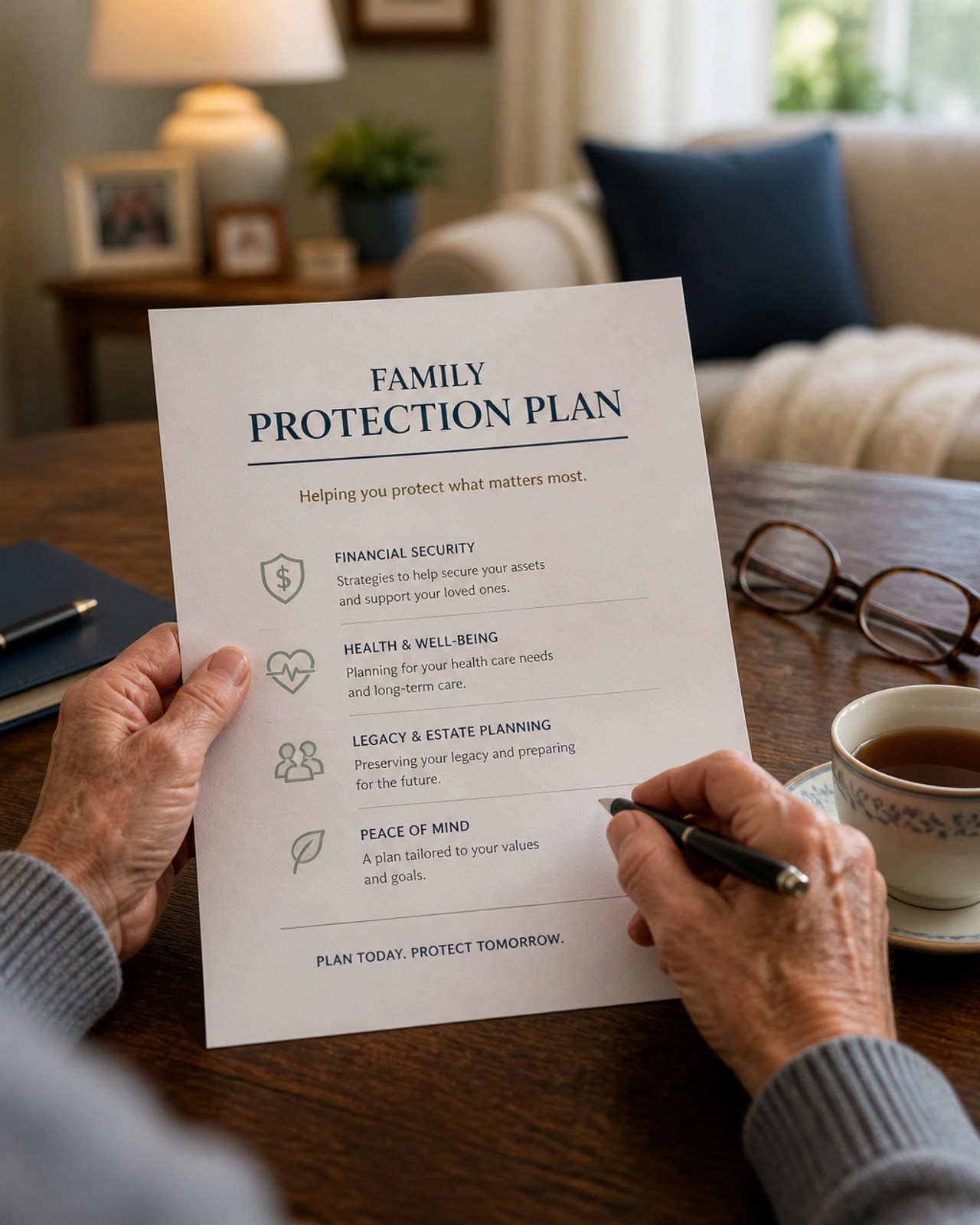 A senior reviewing a Family Protection Plan document