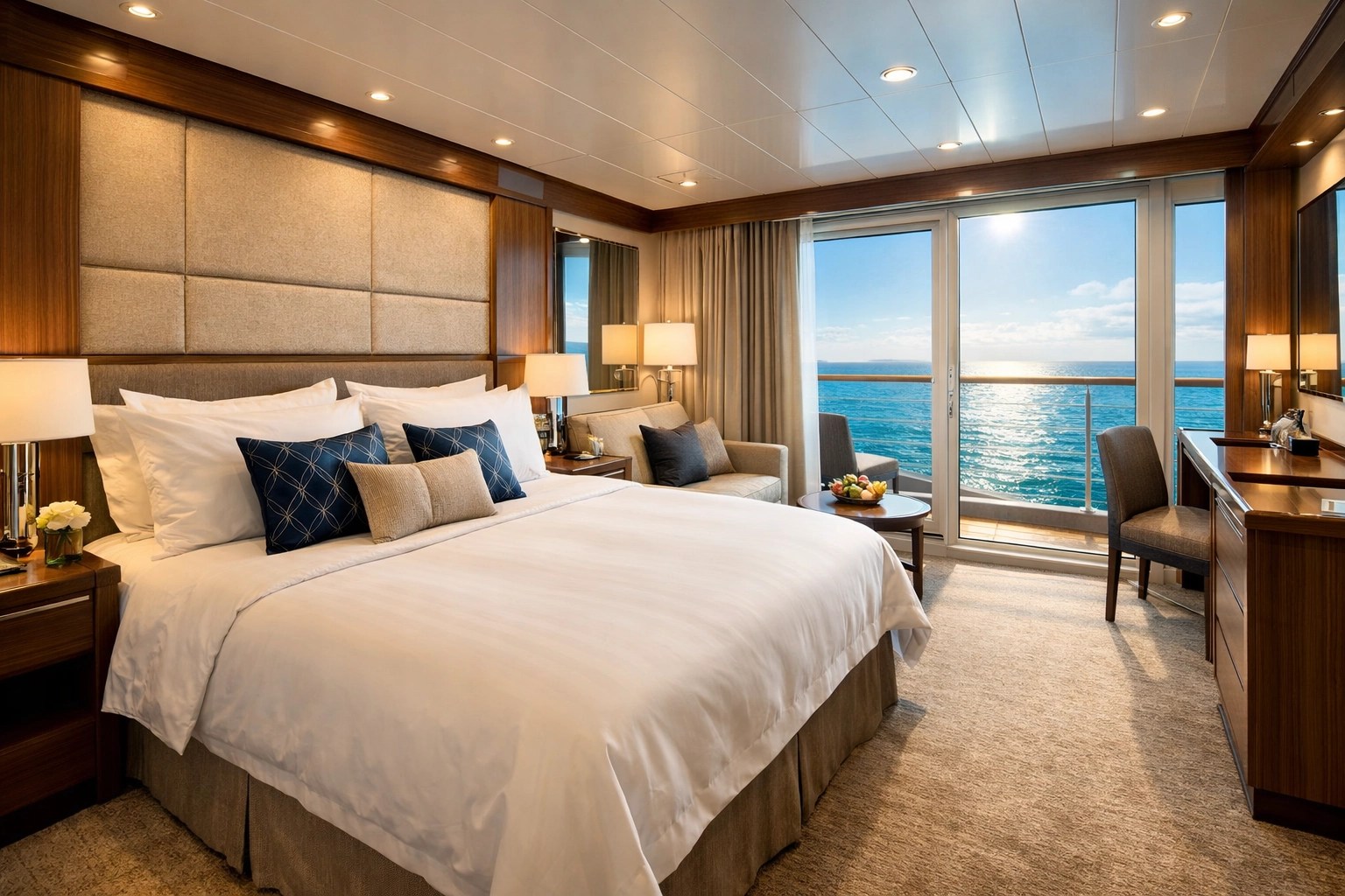 Luxury cruise ship stateroom with pristine linens and ocean view, reflecting high crew service standards.
