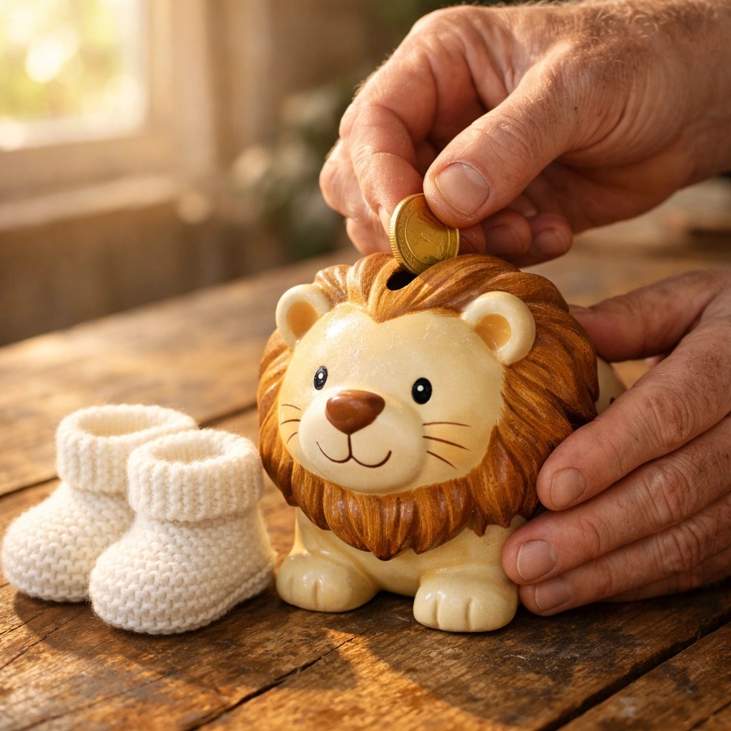 Hands placing a coin in a lion piggy bank beside baby booties, showing how life insurance for newborns builds value.