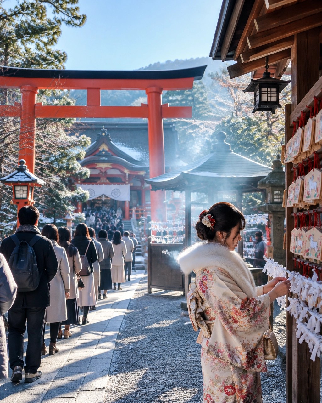 Visitors making a respectful first shrine visit at a Kyoto torii gate in winter morning light