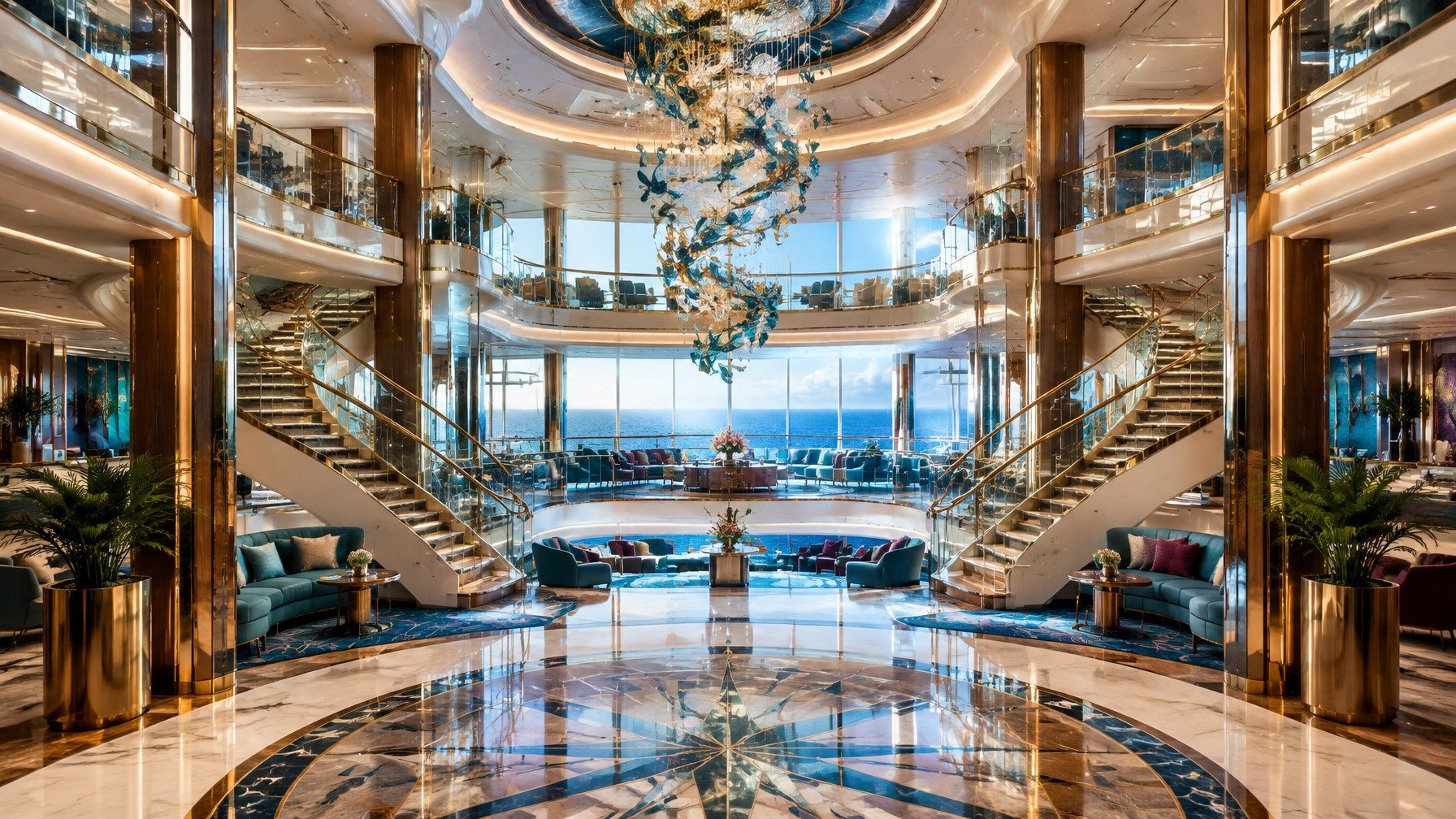 A modern cruise ship atrium glowing in tropical daylight, with layered architecture and polished details