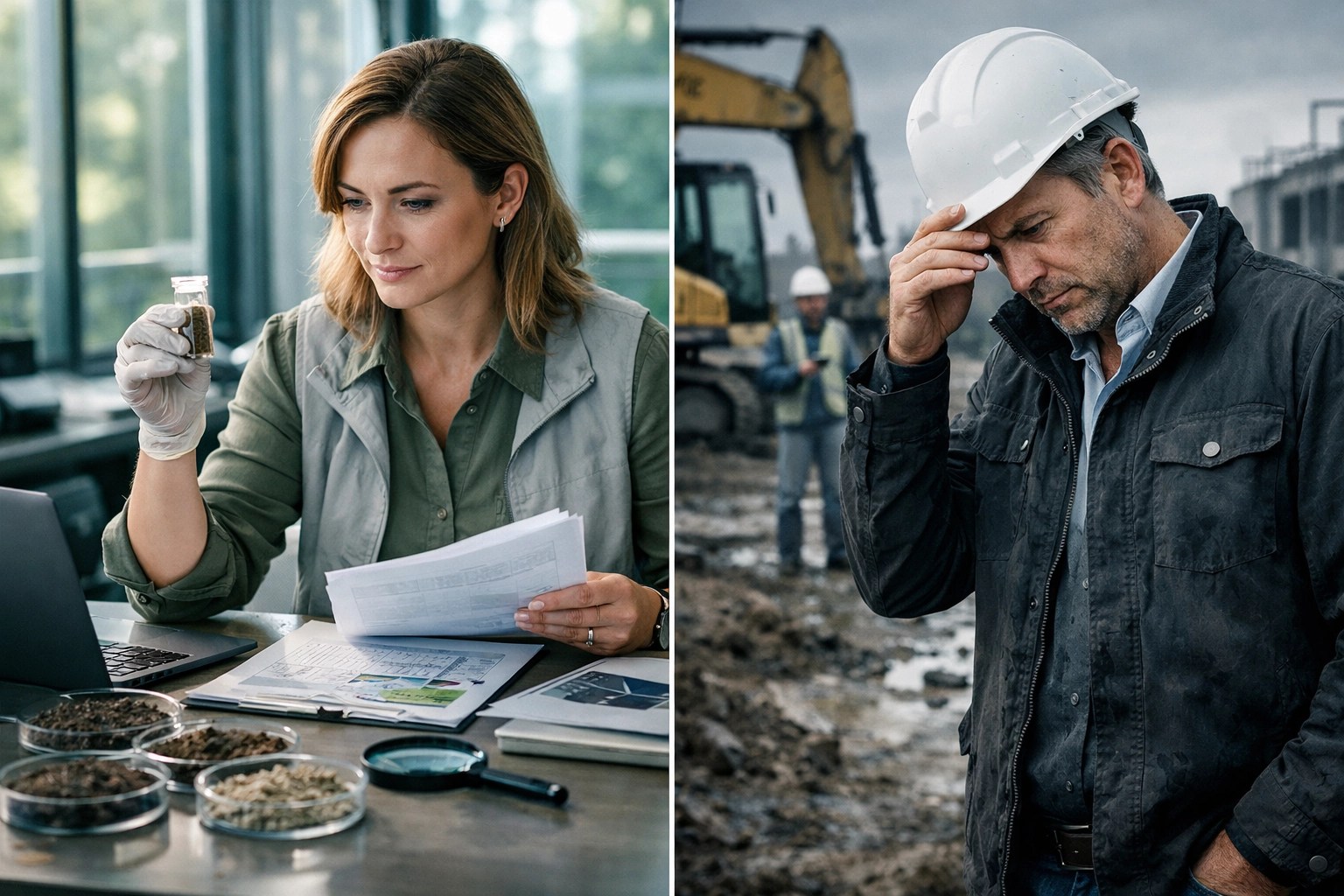 Environmental professional reviewing site data versus stressed developer at stalled construction project