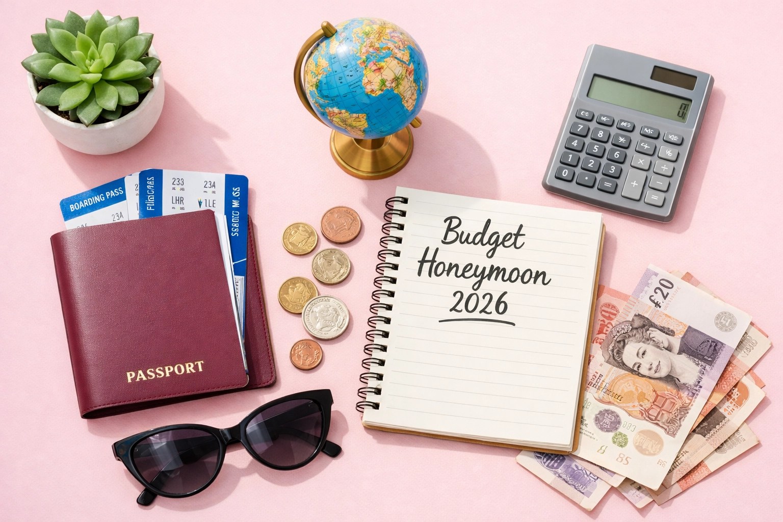 Budget honeymoon planning essentials including passport, calculator, and British pounds on desk