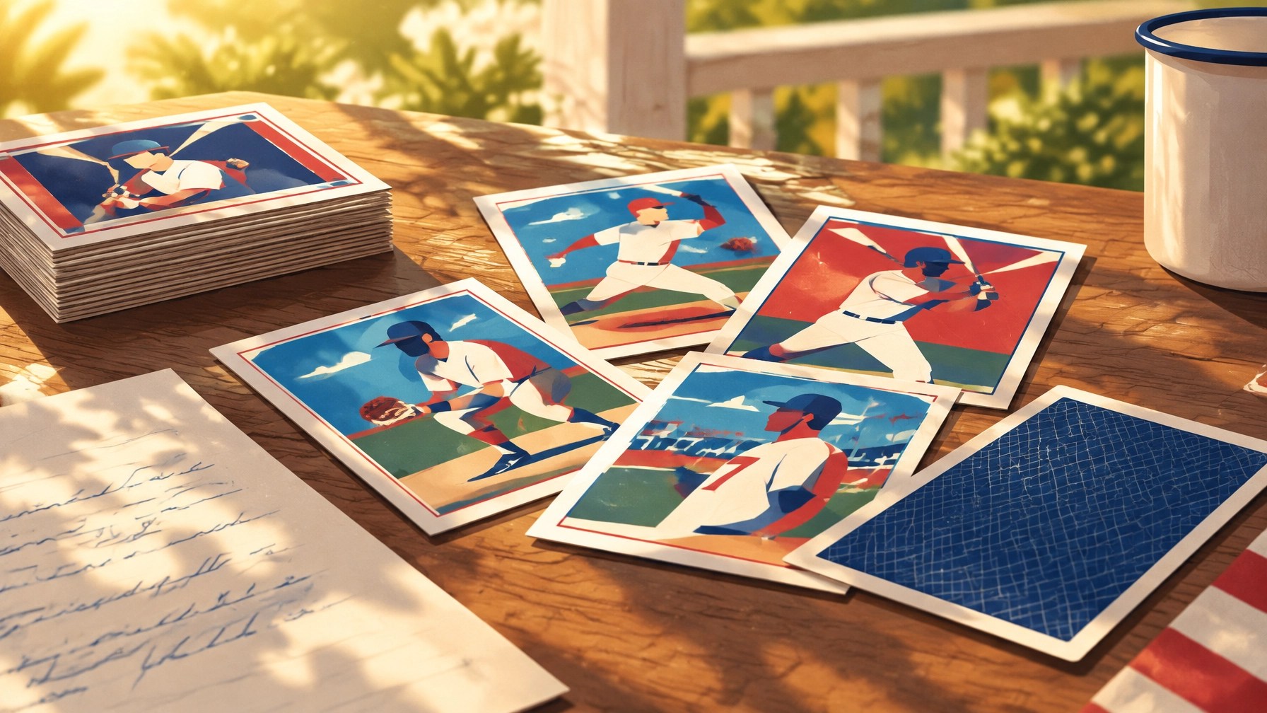 Abstract childhood baseball card exchange on a covered patio table with a handwritten letter