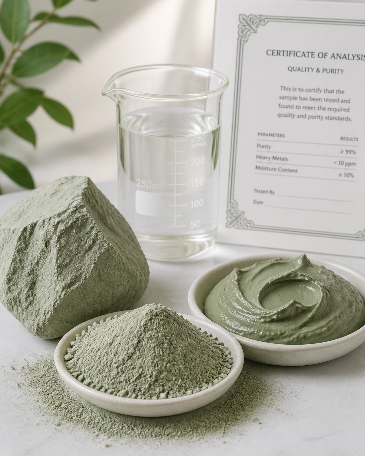 Raw French green clay in powder form and paste, with a lab beaker to represent testing and purity.