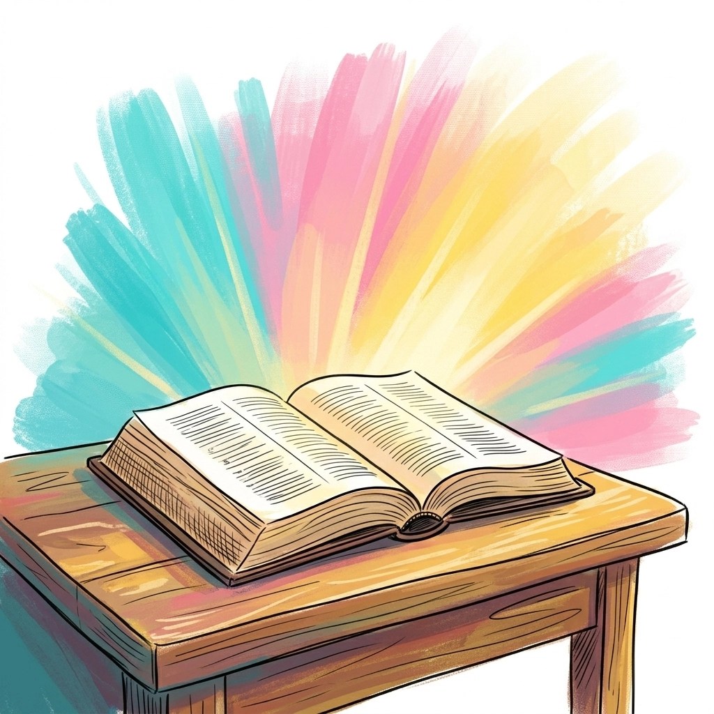A whimsical, hand-drawn illustration of an open Bible with vibrant turquoise, pink, and yellow light radiating from its pages.