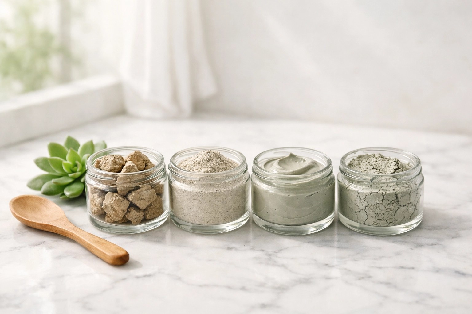 Four jars showing bentonite clay textures from powder to mask paste for safe skin frequency and recovery.