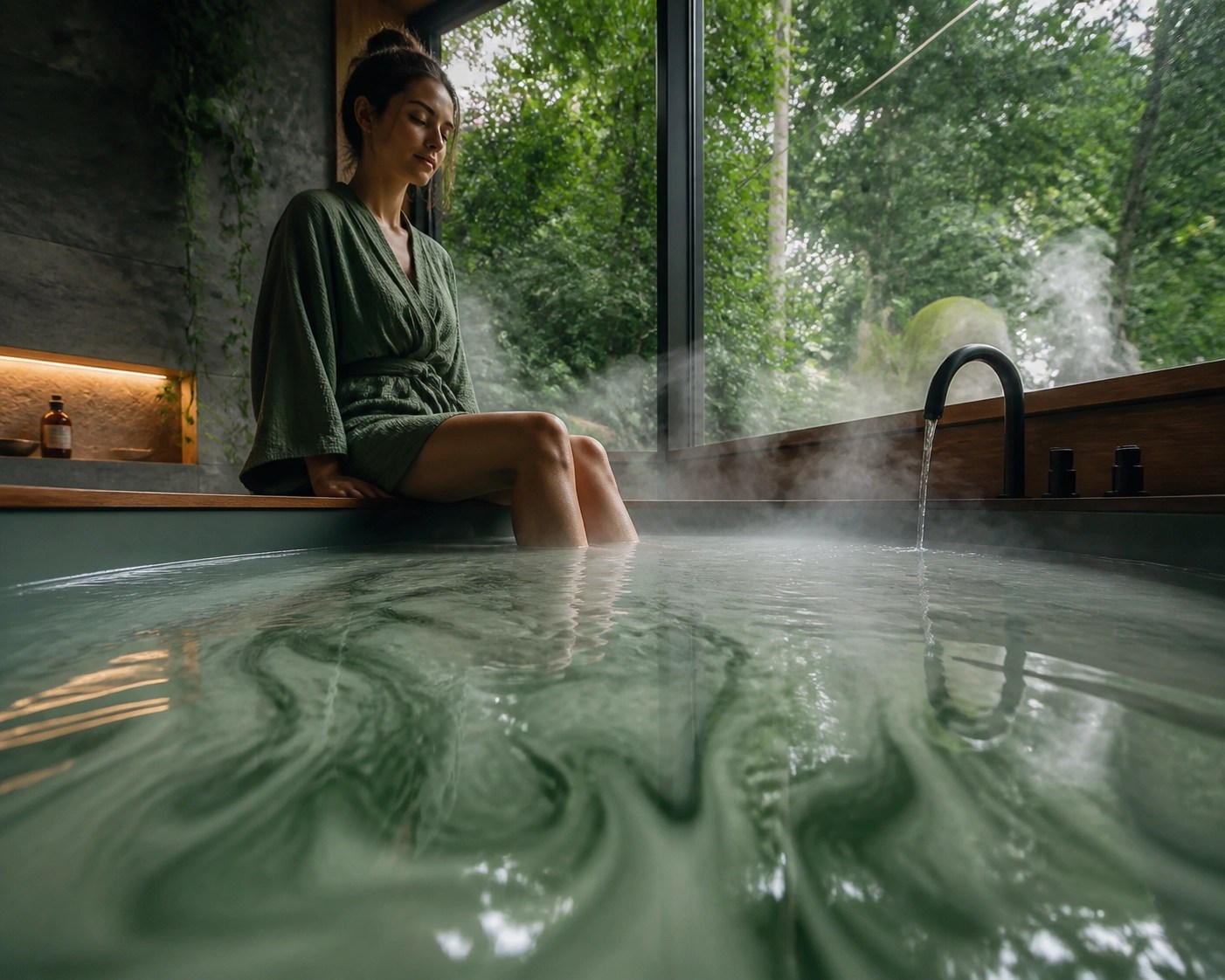 Serene person soaking feet in a healing clay detox bath to eliminate toxins and reduce inflammation.