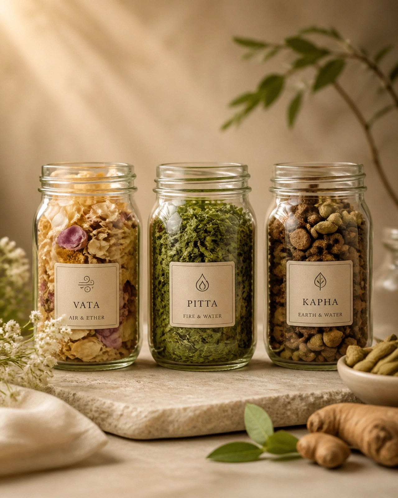 Three glass jars containing natural materials representing the Vata, Pitta, and Kapha doshas, displayed on a warm stone surface.
