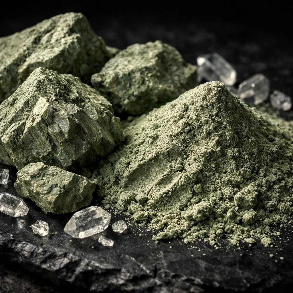 Raw French Green Clay minerals and powder highlighting the purity of natural healing clay for leaders.