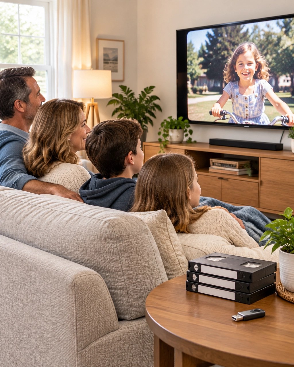 Family members watching preserved home movies together on a modern television
