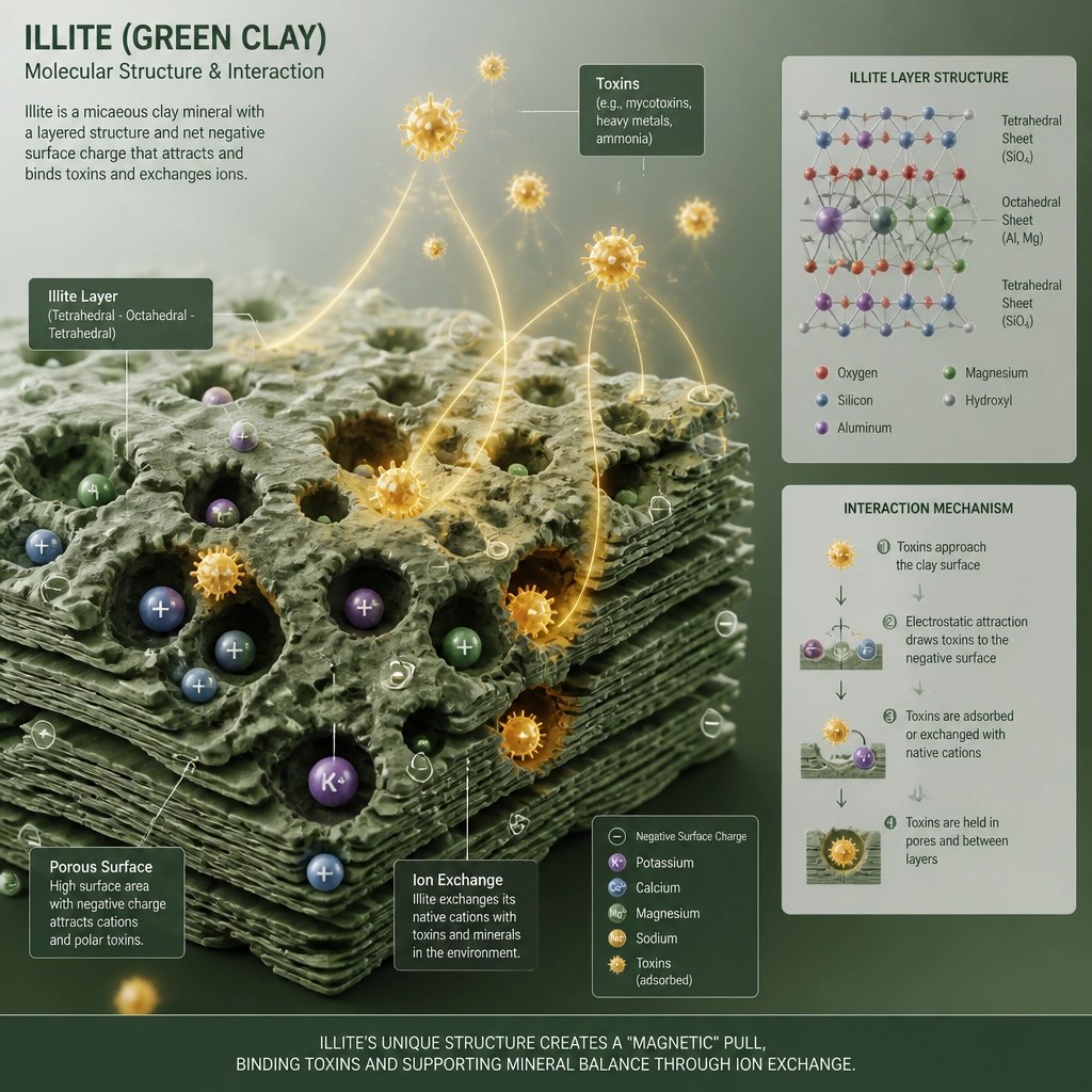 3D illustration of ion exchange and clay molecules