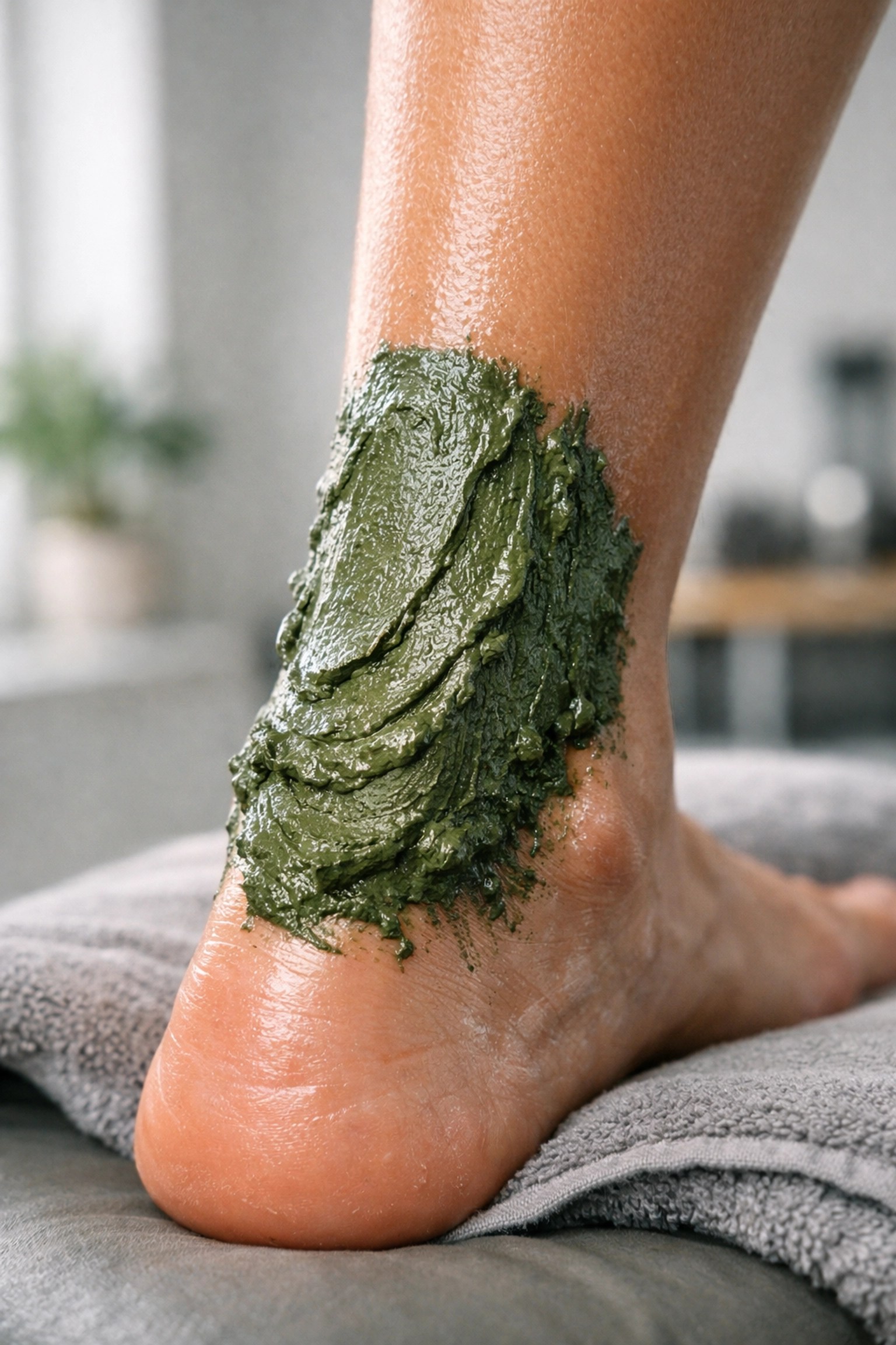 Green clay poultice on an athlete's leg to reduce swelling and aid sports recovery through mineral delivery.