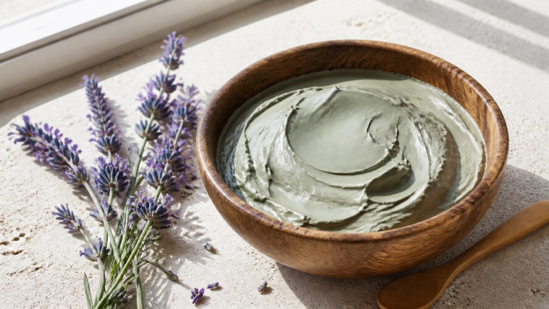 A high-quality, aesthetic, and natural photograph of smooth French green clay paste in a rustic wooden bowl, placed on a light-colored stone surface.