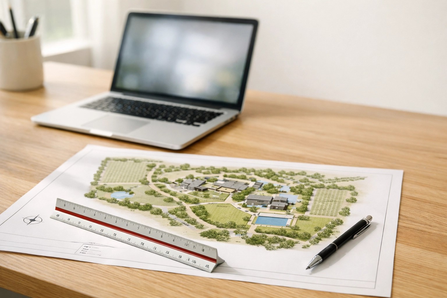 Architectural site plans for a Sonoma vacation rental permit on a minimalist desk next to a laptop.