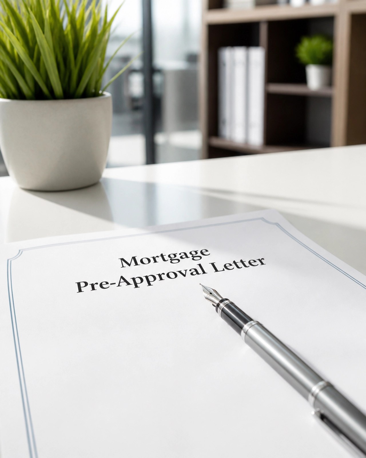 A formal mortgage pre-approval letter and a pen on a clean desk, symbolizing the power to make an offer