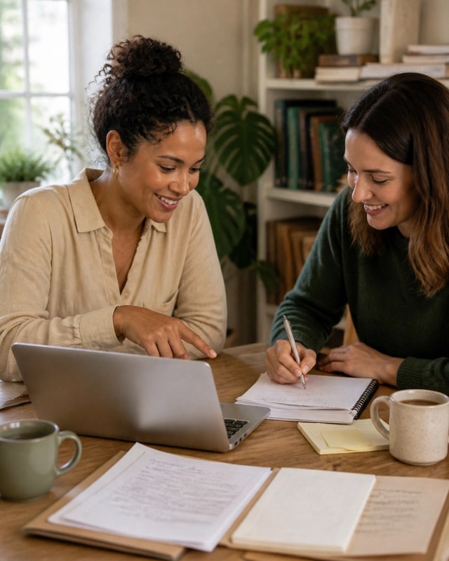 Two nonprofit staff members reviewing grant research and deadlines at a shared office table