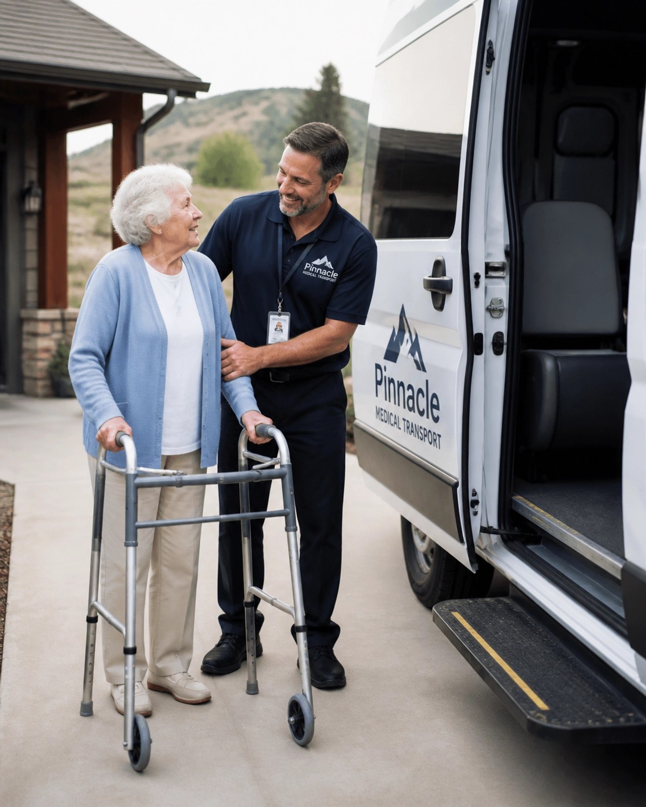 A professional driver assisting an elderly person toward a modern vehicle in a rural driveway