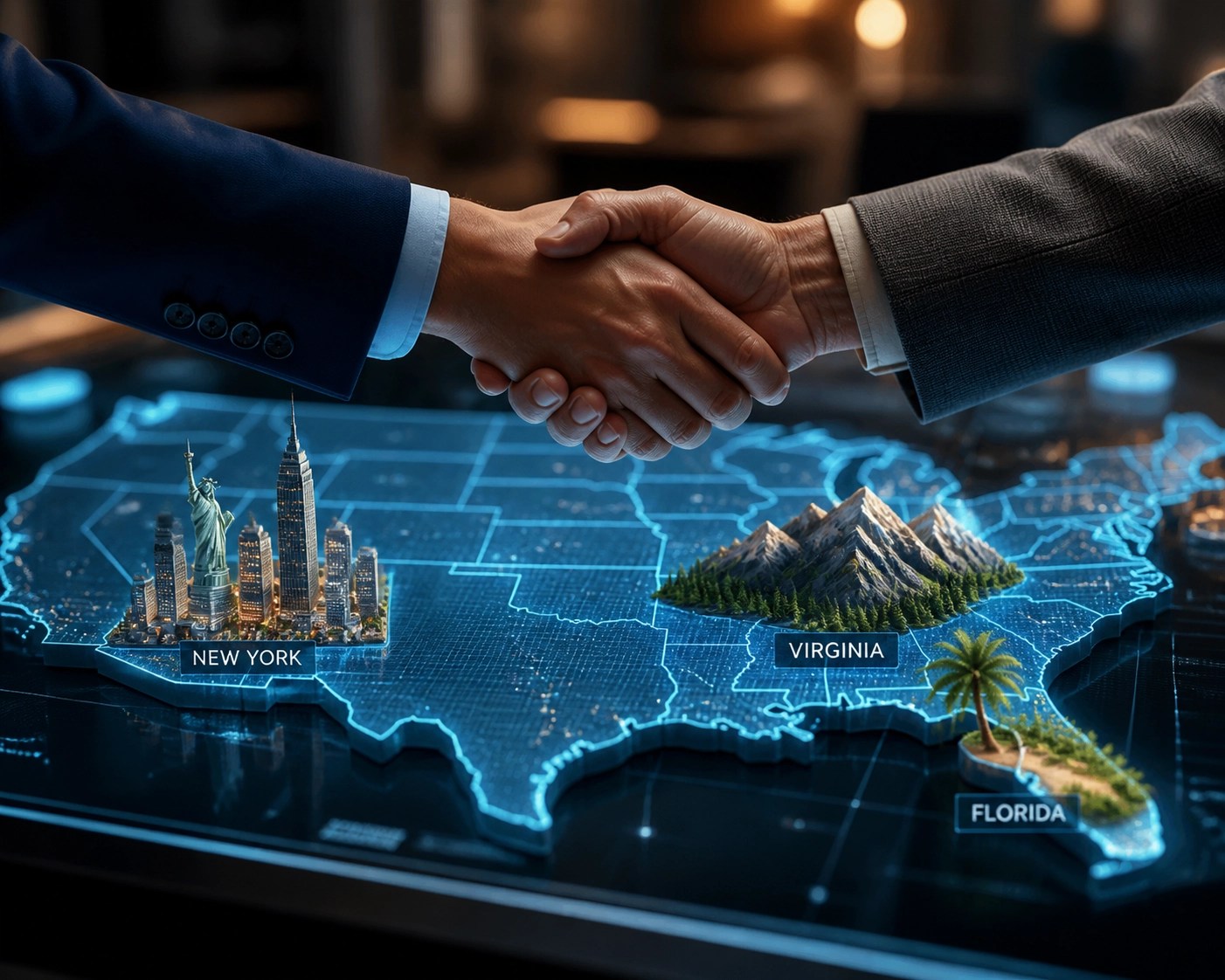 Supportive handshake over a US map representing regional Medicare services in New York, Virginia, and Florida.
