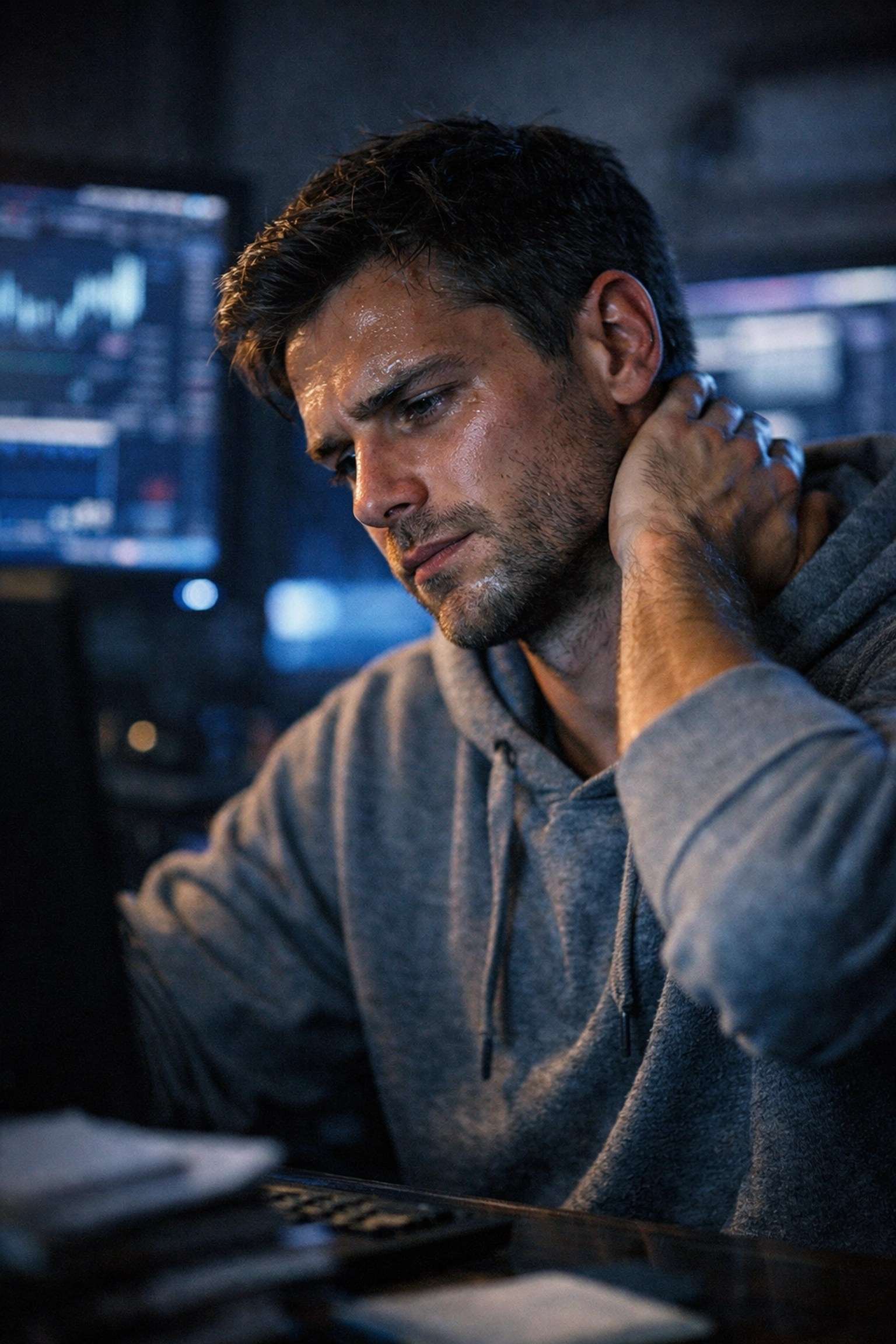 Exhausted professional in a dark home office showing physical strain from a non-stop digital marathon.