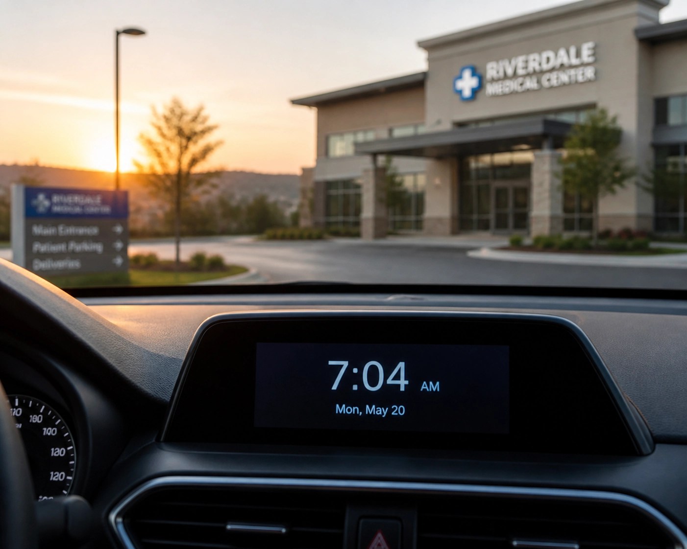 Digital car clock showing early arrival at a medical facility for an on-time appointment.