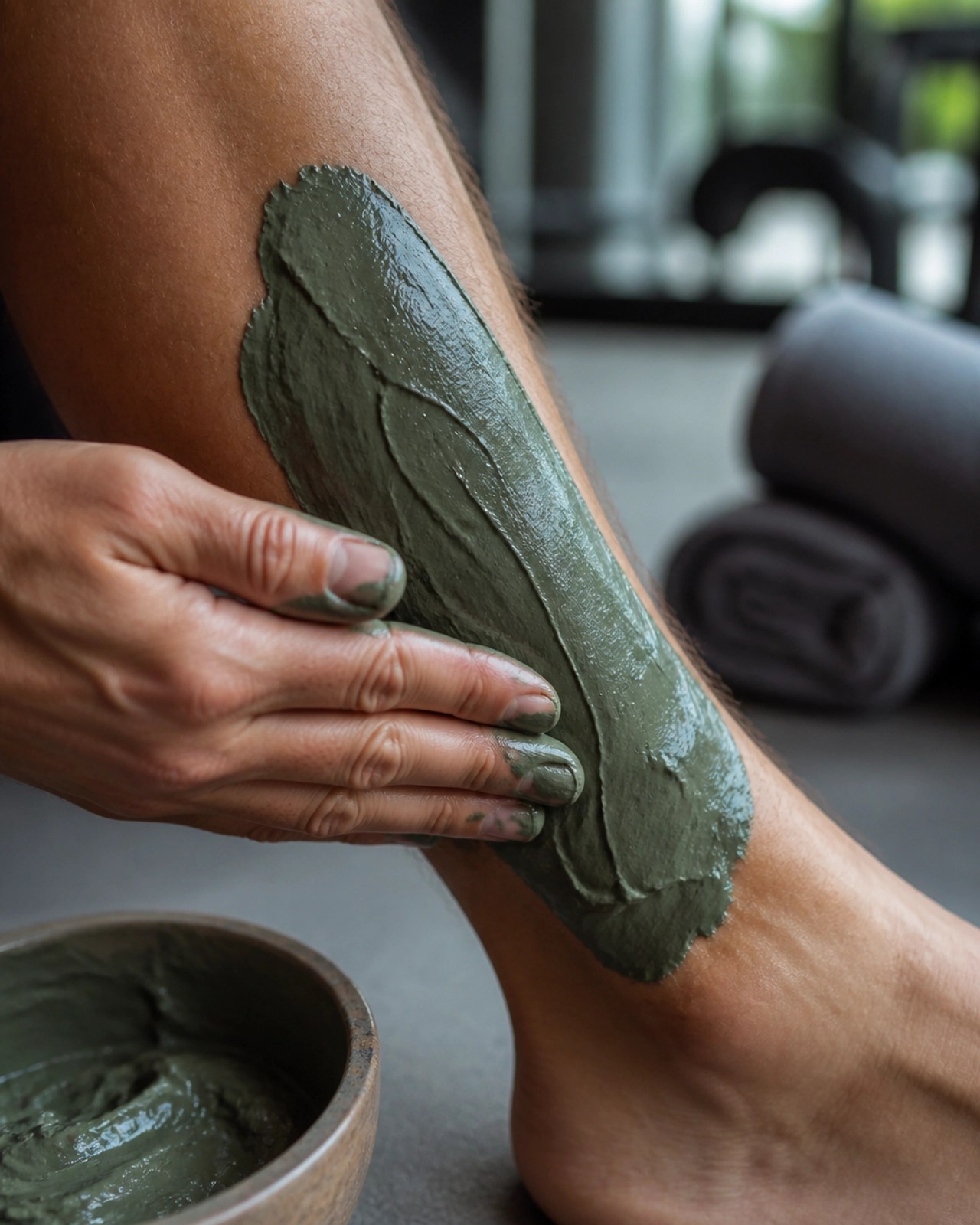 Application of French green clay to a sore ankle for sports recovery