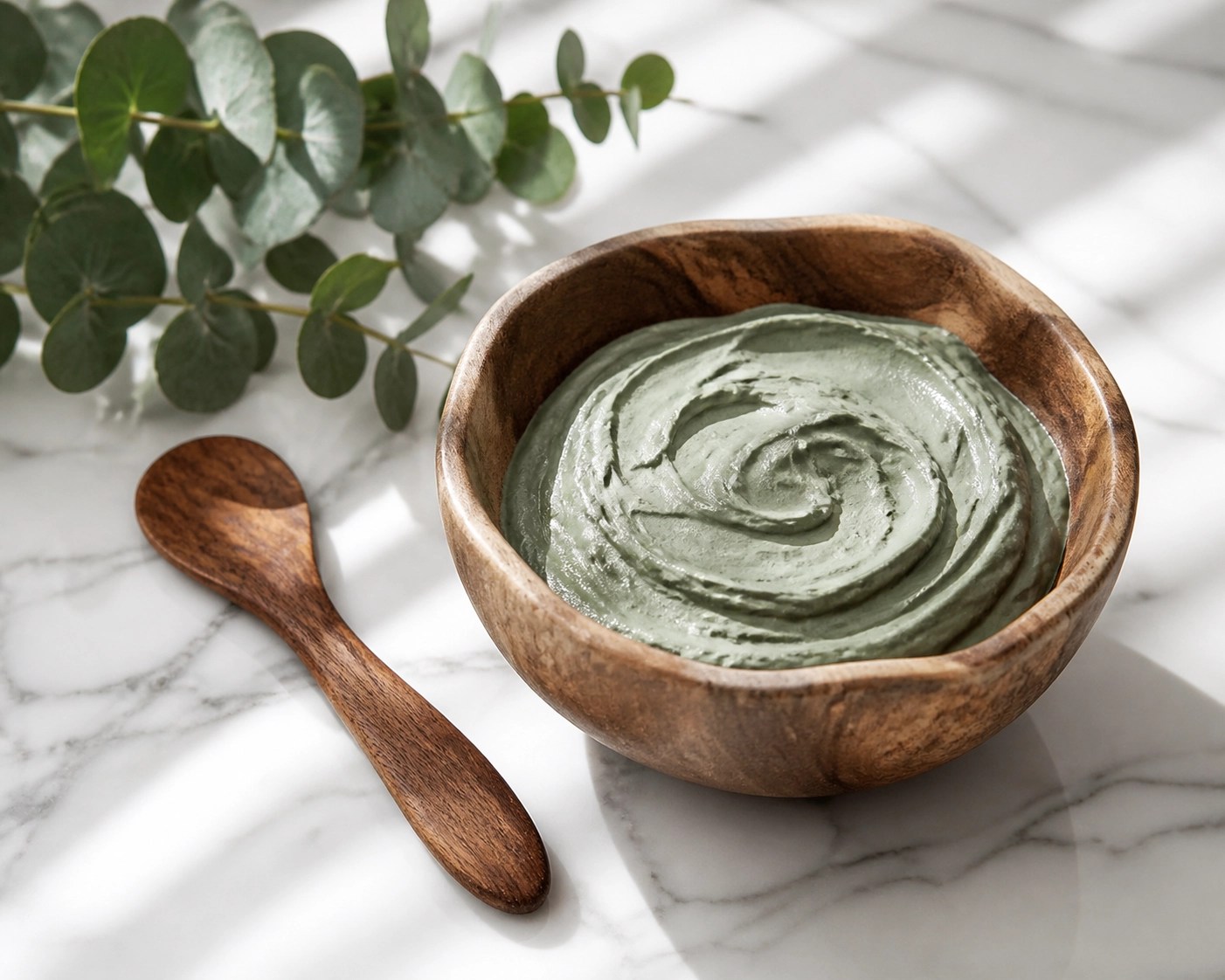 Organic green clay paste in a wooden bowl ready for a natural healing ritual and deep skin detoxification.