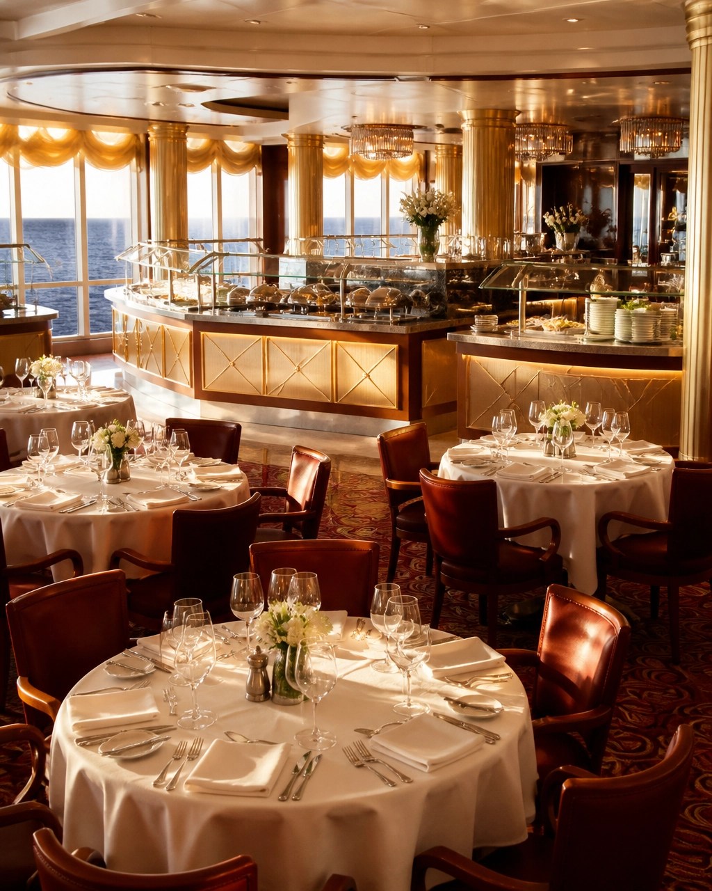 Spotless cruise ship handwashing station beside an elegant dining area