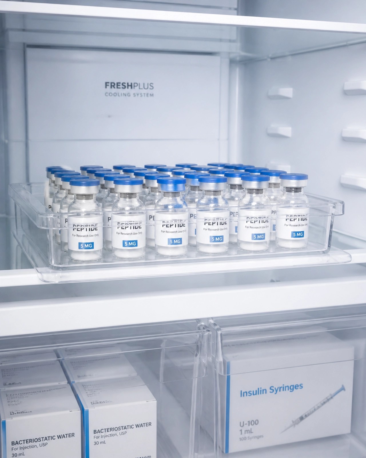 Proper storage of vials in a clean, organized refrigerator.