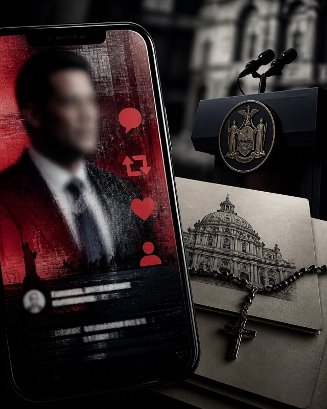 Editorial illustration of a smartphone showing a political social-media controversy beside campaign materials