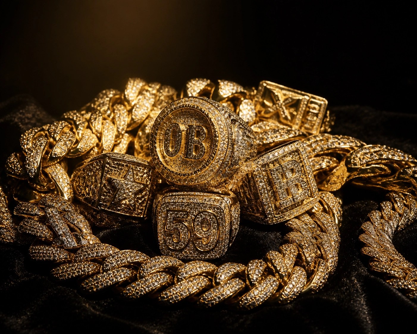 Iced-out custom gold rings and heavy Cuban link chains